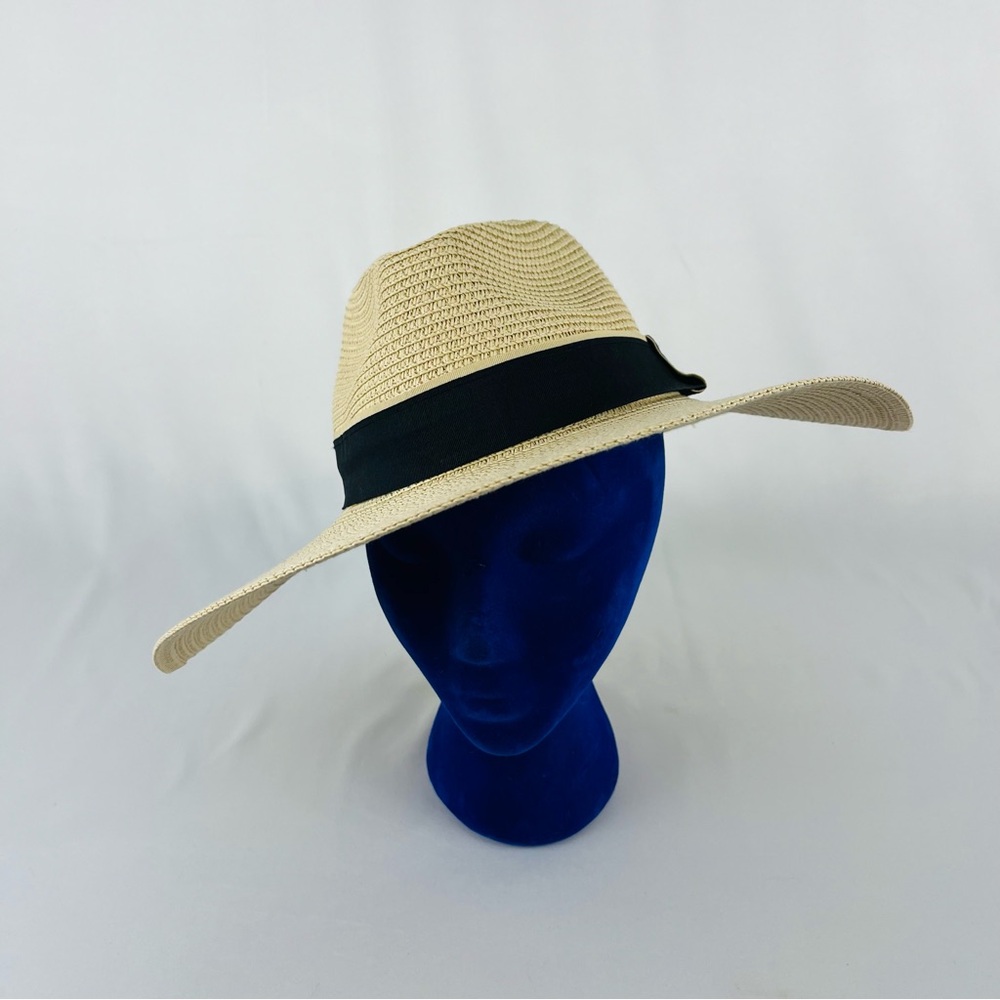 NWOT Jones New York Natural Straw Sun Hat Wide Brim with Black Trim